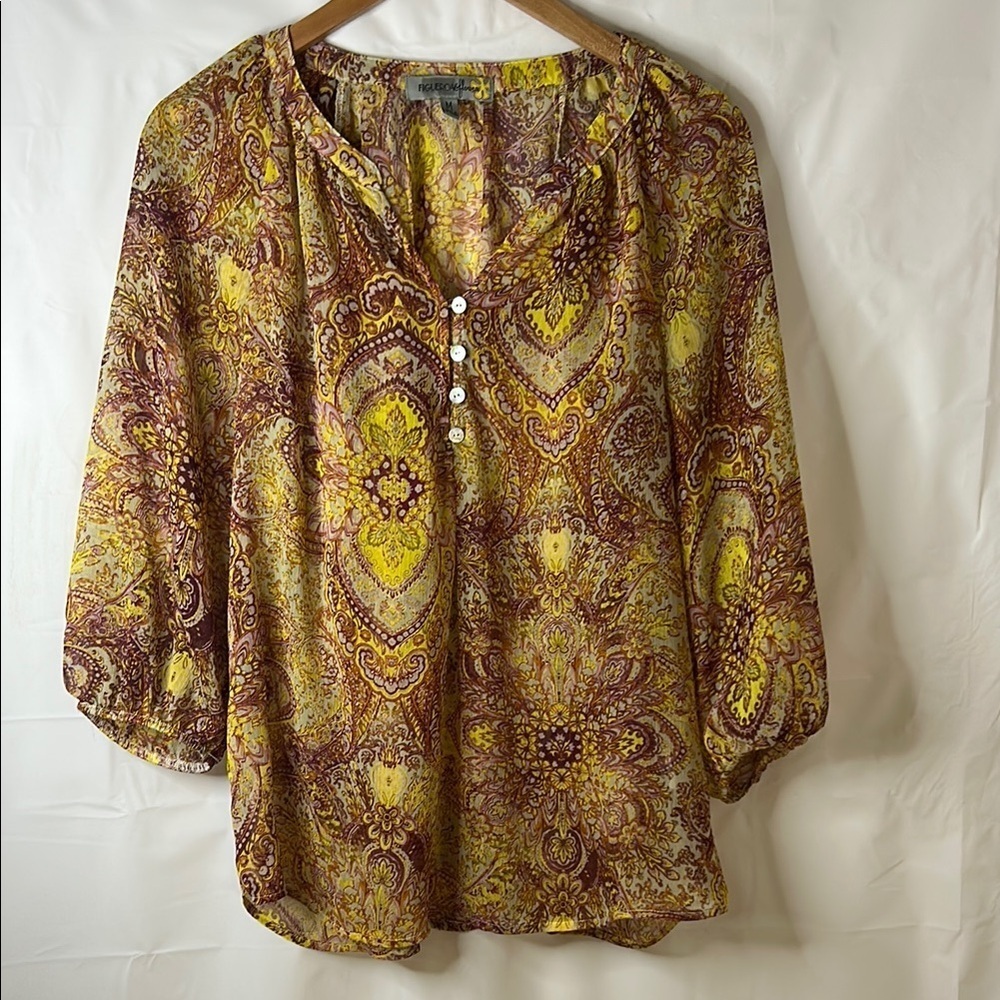 Boho chic paisley Buttoned Blouse with Mandarin Collar women size medium